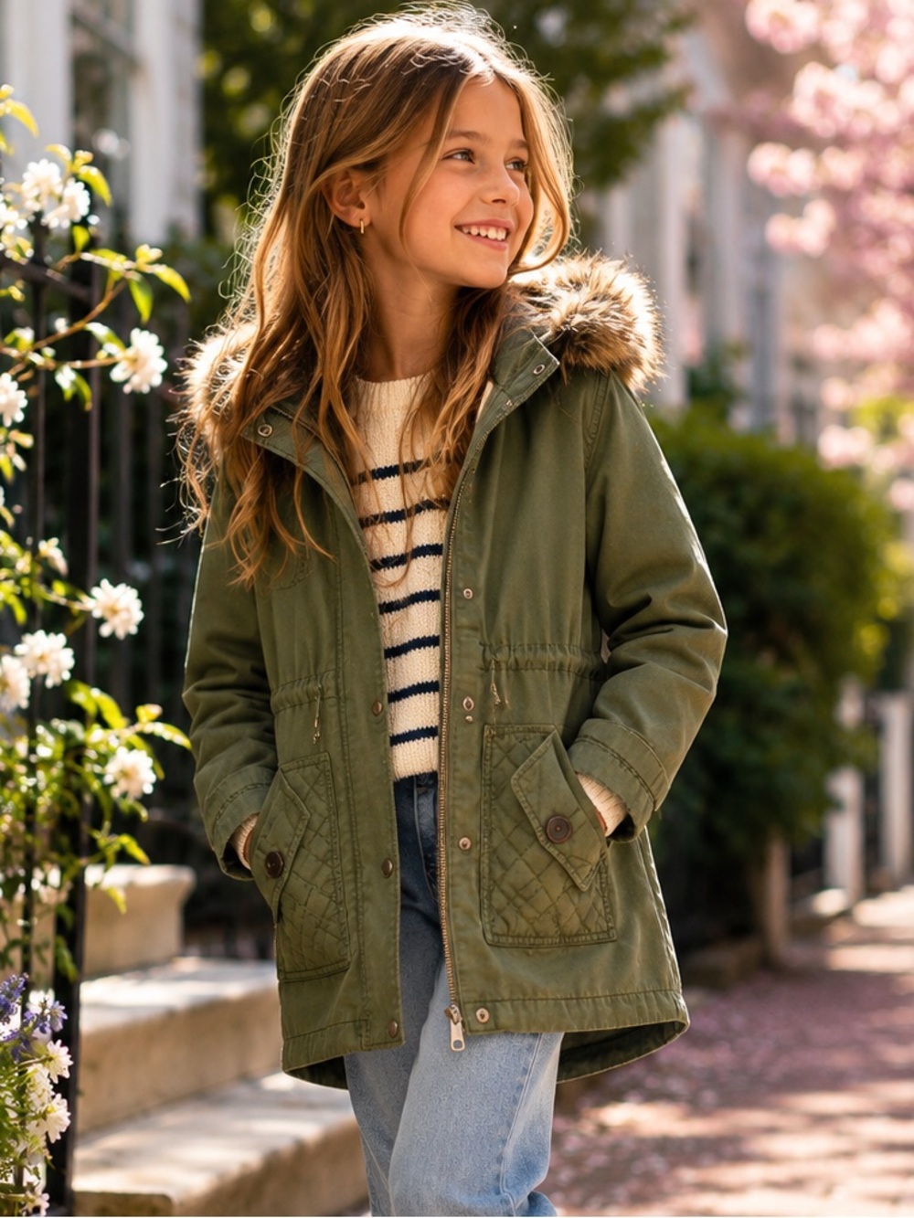 NWT Hanna Andersson Girls Faux Fur Trim Utility Coat Jacket Green Size 8